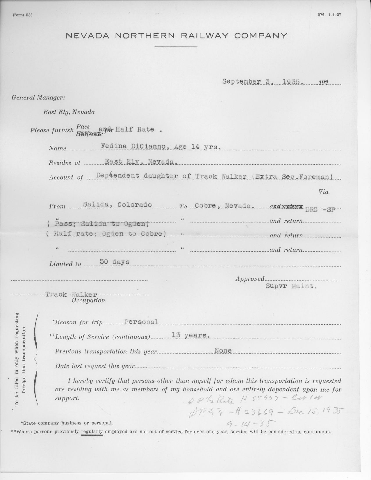 1935 Fedina diCianno Pass Request